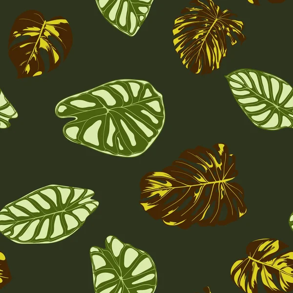 Sömlös exotiska mönster med tropiska växter. Vector bakgrund med Hand Rita Monstera Palm lämnar. Ljusa Rapport för tyg, textildesign. Djungel bladverk. Sömlös tropiska mönster med Alocasia. — Stock vektor
