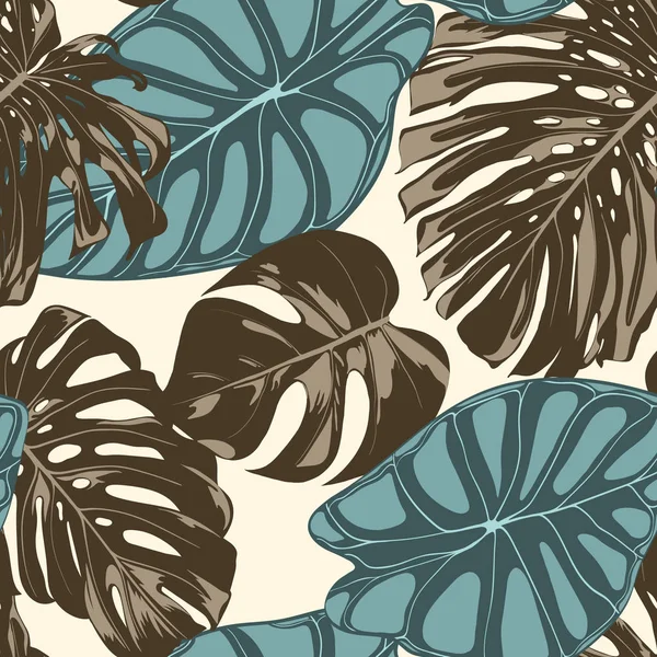 Folhas tropicais. Padrão sem costura com folhas desenhadas à mão de Monstera e Alocasia. Relação exótica para têxteis, tecido. Fundo sem costura vetorial com plantas tropicais. Folhagem da selva. Efeito aquarela . — Vetor de Stock