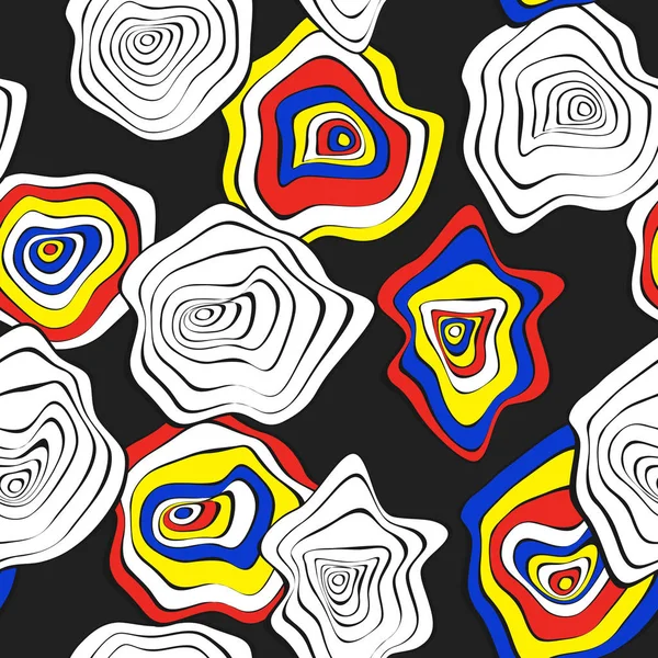 Elle çizilmiş dalgalı daireler. Etnik tarzda arka plan sorunsuz. Vektör deforme mermi ile Psychedelic desen. Dalga Dikişsiz desen kumaş, tekstil, kumaş tasarımı için. Bozulma, noktalar.