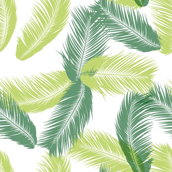 Vector Feathers. Padrão sem costura tropical com plantas exóticas da selva. Folha de coqueiro. Simples fundo de verão. Ilustração EPS 10. Penas de vetor Silhuetas ou folhas havaianas de palmeira . — Vetor de Stock