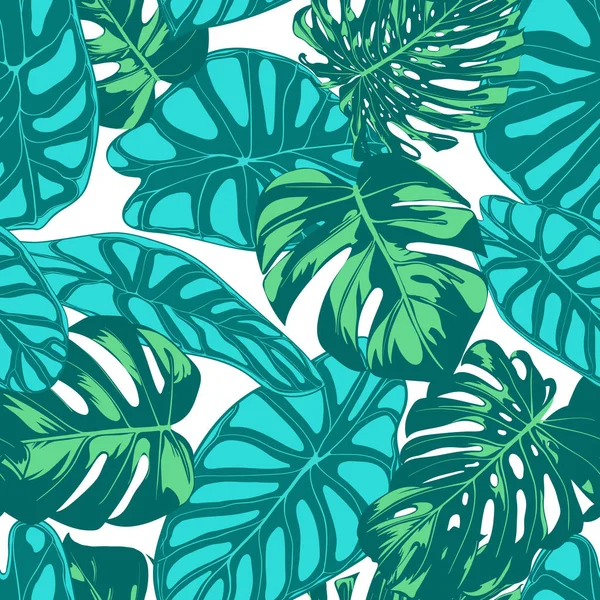 Seamless Vector Tropical Pattern. Monstera Palm Leaves and Alocasia. Jungle Foliage with Watercolor Effect. Exotic Hawaiian Textile Design. Seamless Tropical Background for Fabric, Dress, Paper, Print