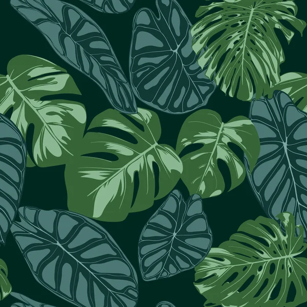 Vektör Tropic Seamless modeli. Bitkiyi ve Alocasia yaprakları. El orman bitki örtüsü suluboya tarzında çekilmiş. Egzotik arka plan. Tekstil, kumaş, kumaş, dekorasyon, sorunsuz Tropic yaprak kağıt. — Stok Vektör