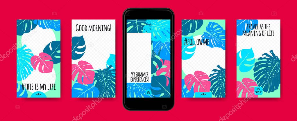 Colorful Tropic Story Templates. Social Media Photo Frames. Mobile Wallpapers Summer Concept. Exotic Decoration for Stories in Social Networks. Vector Philodendron Leaves. Travel Stories of Blogger.