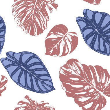Tropik bitkiler ile Seamless egzotik modeli. Vektör arka plan el çizmek Monstera Palm ile bırakır. Parlak Rapport kumaş, tekstil tasarımı için. Orman bitki örtüsü. Alocasia ile Dikişsiz tropikal desen.