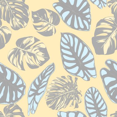 Sorunsuz vektör Pastel renk tasarlamak tropikal desende. Monstera palmiye yaprakları ve Alocasia. Suluboya etkisi ile orman yeşillik. Egzotik Hawaiian kumaş tasarım. Sorunsuz tropikal arka plan yazdırma
