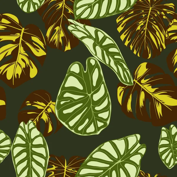 Nahtlose exotische Muster mit tropischen Pflanzen. Vektor Hintergrund mit Hand zeichnen Monstera Palmblätter. helles Rapport für Stoff, Textildesign. Dschungel. nahtloses tropisches Muster mit alocasia. — Stockvektor