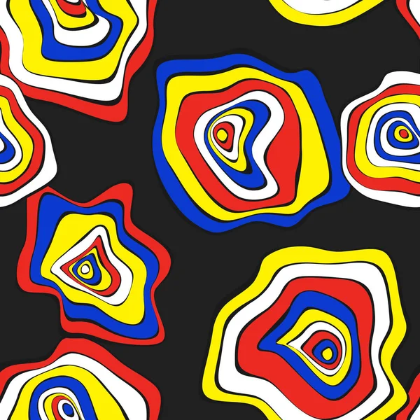 Hand getrokken golvende cirkels. Abstracte naadloze achtergrond in etnische stijl. Vector psychedelische patroon met misvormde rondes. Naadloze golfpatroon voor stof, textiel, doek ontwerp. Vervorming, Spots. — Stockvector
