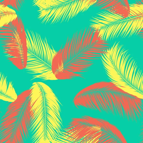 Векторные перья. Тропический бесшовный узор с экзотическими растениями джунглей. Кокосовый лист дерева. Просто летний фон. Иллюстрация EPS 10. Силуэты векторных перьев или гавайские листья пальмы . — стоковый вектор