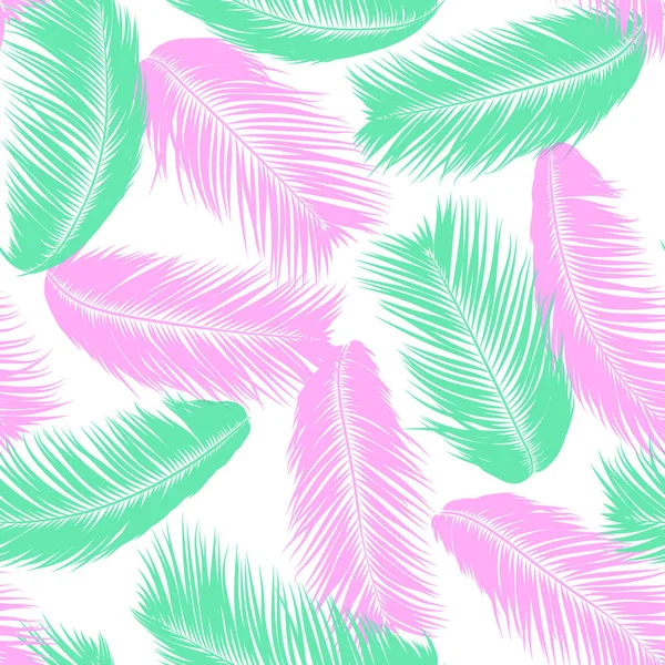 Vector Feathers. Padrão sem costura tropical com plantas exóticas da selva. Folha de coqueiro. Simples fundo de verão. Ilustração EPS 10. Penas de vetor Silhuetas ou folhas havaianas de palmeira . —  Vetores de Stock