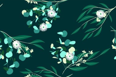 Okaliptüs vektör yaprak, dal ve çiçek öğeleri ile Seamless modeli. Rustik düğün tasarım, kumaş, tekstil, zarif şirin arka plan elbise. Okaliptüs vektör yazdırma için Vintage tarzı.