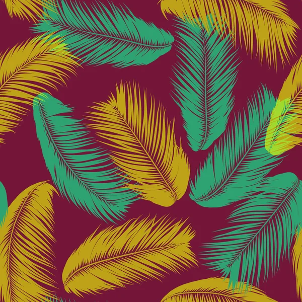 Vector Feathers. Padrão sem costura tropical com plantas exóticas da selva. Folha de coqueiro. Simples fundo de verão. Ilustração EPS 10. Penas de vetor Silhuetas ou folhas havaianas de palmeira . — Vetor de Stock