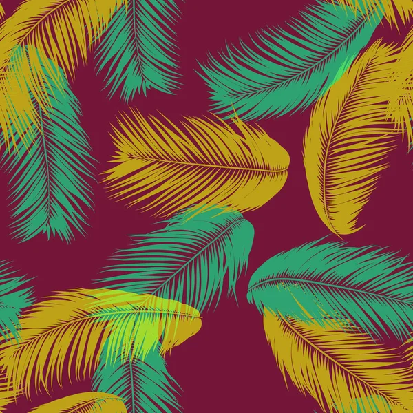 Plumas de Vector. Patrón Tropical Inconsútil con Plantas de Selva Exótica. Hoja de Coco. Fondo de verano simple. Ejemplo EPS 10. Siluetas de plumas vectoriales o hojas hawaianas de palmera . — Vector de stock