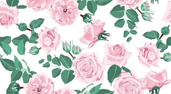 Patrón de rosa floral sin costuras con hojas . — Vector de stock