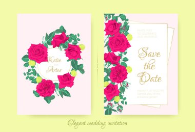 Kırmızı gül ve yaprakları düğün davetiyesi.