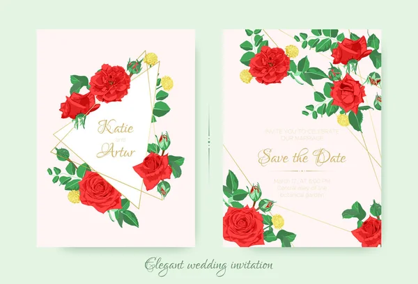 Προσκλητήριο γάμου με κόκκινα τριαντάφυλλα και τα φύλλα. — Διανυσματικό Αρχείο