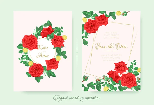 Invitation de mariage avec des roses rouges et des feuilles . — Image vectorielle