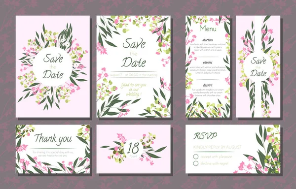 Floral Wedding Invitation with Vector Eucalyptus Leaves, Forest Herbs, Elegant Decorative Flowers. Vintage Invite, Menu, Rsvp, Thank You Label. Save the Date Card. Wedding Invitation in Pastel Colors. — Stock Vector
