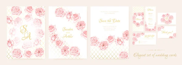 Conjunto de tarjetas de boda con rosas rosadas delicadas . — Vector de stock