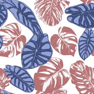Tropik bitkiler ile Seamless egzotik modeli. Vektör arka plan el çizmek Monstera Palm ile bırakır. Parlak Rapport kumaş, tekstil tasarımı için. Orman bitki örtüsü. Alocasia ile Dikişsiz tropikal desen.