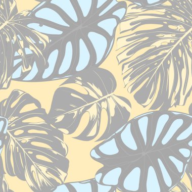 Sorunsuz vektör Pastel renk tasarlamak tropikal desende. Monstera palmiye yaprakları ve Alocasia. Suluboya etkisi ile orman yeşillik. Egzotik Hawaiian kumaş tasarım. Sorunsuz tropikal arka plan yazdırma