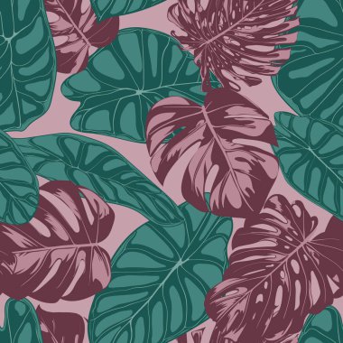Vektör Tropic Seamless modeli. Bitkiyi ve Alocasia yaprakları. El orman bitki örtüsü suluboya tarzında çekilmiş. Egzotik arka plan. Tekstil, kumaş, kumaş, dekorasyon, sorunsuz Tropic yaprak kağıt.