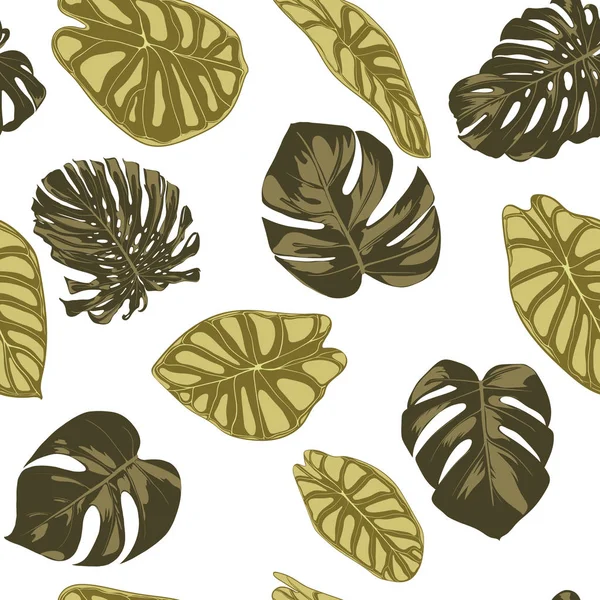 Tropiska löv. Seamless mönster med handritad blad Monstera och Alocasia. Exotiska Rapport för textil, tyg. Vector sömlös bakgrund med tropiska växter. Djungel bladverk. Vattenfärgseffekt. — Stock vektor
