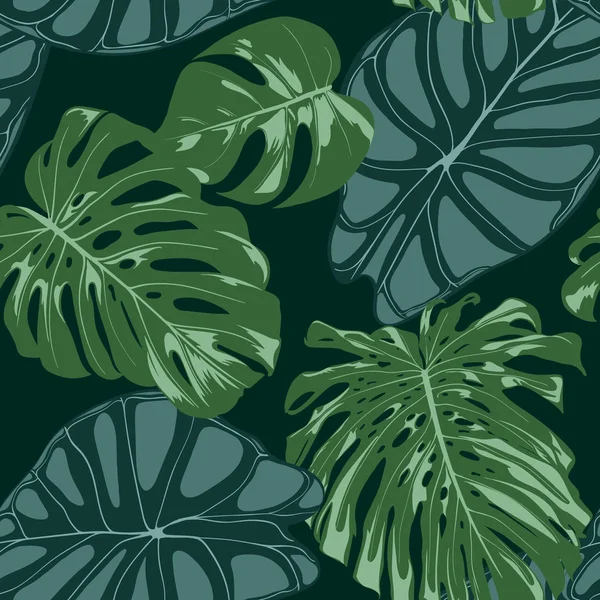 Vector Tropic naadloze patroon. Philodendron en Alocasia bladeren. Hand Drawn Jungle gebladerte in aquarel stijl. Exotische achtergrond. Naadloze Tropic blad voor doek, stof, textiel, decoratie, papier. — Stockvector