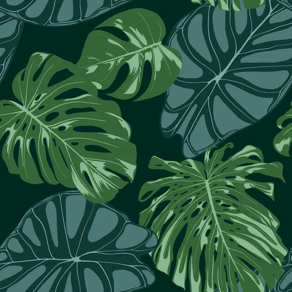 Padrão Vector Tropic Seamless. Philodendron and Alocasia Leaves. Folhagem de selva desenhada à mão em estilo aquarela. Fundo exótico. Folha Trópica Sem Costura para Têxtil, Pano, Tecido, Decorar, Papel . — Vetor de Stock