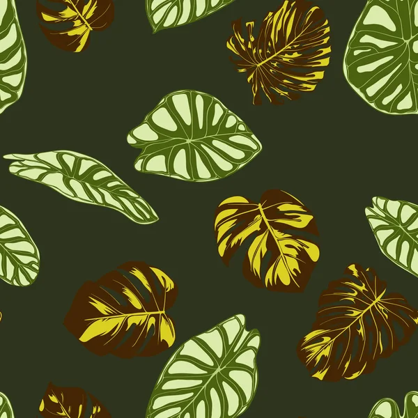 Seamless Exotic Pattern with Tropical Plants. Vector Background with Hand Draw Monstera Palm Leaves. Bright Rapport for Cloth, Textile Design. Jungle Foliage. Seamless Tropical Pattern with Alocasia. — Stock Vector