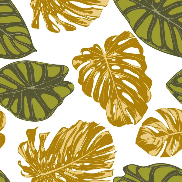 Patrón exótico botánico dibujado a mano sin costura con hojas de filodendro y locasia. Follaje de selva vectorial en estilo acuarela. Fondo de hoja tropical sin costura para textiles, telas, telas, papel . — Vector de stock