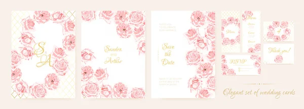 Κάρτες γάμου σετ με λεπτή ροζ τριαντάφυλλα. — Διανυσματικό Αρχείο