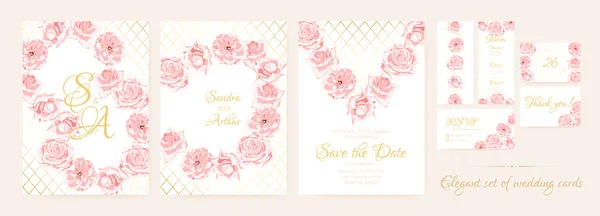 Cartões de casamento conjunto com rosas rosa delicadas . — Vetor de Stock