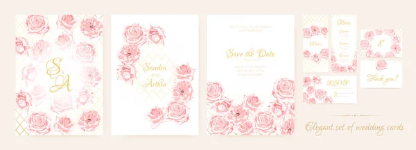 Conjunto de tarjetas de boda con rosas rosadas delicadas . — Vector de stock