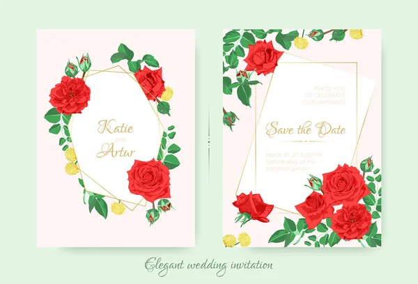 Προσκλητήριο γάμου με κόκκινα τριαντάφυλλα και τα φύλλα. — Διανυσματικό Αρχείο