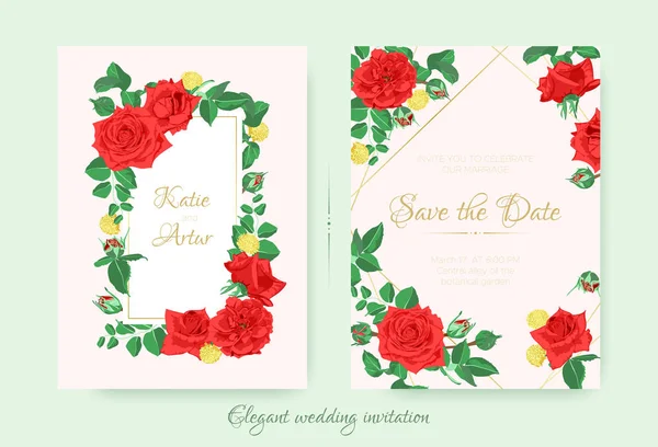 Invitación de boda con rosas rojas y hojas . — Vector de stock