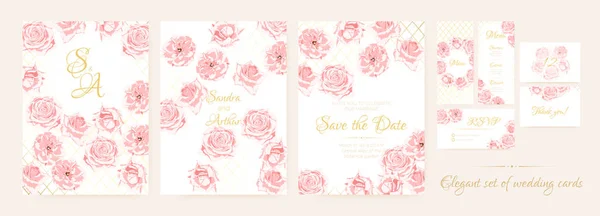 Cartões de casamento conjunto com rosas rosa delicadas . — Vetor de Stock