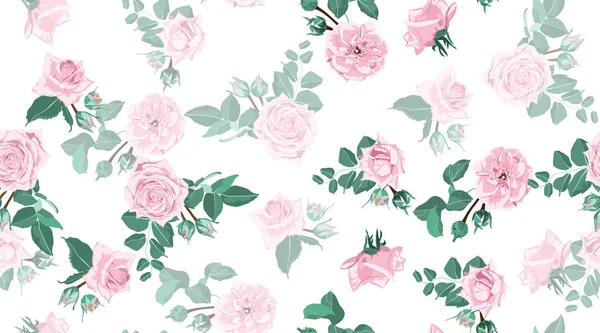 Patrón de rosa floral sin costuras con hojas . — Vector de stock