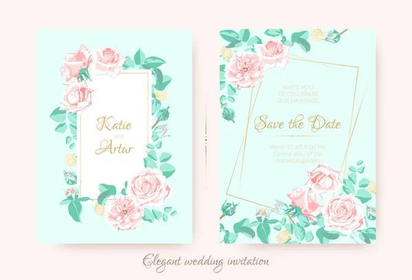 Bröllop inbjudan med rosor sammansättning och gränsen. — Stock vektor