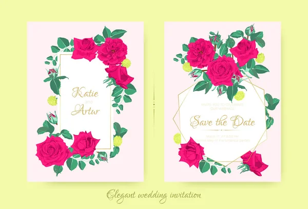 Bröllopsinbjudan med röda rosor och blad. — Stock vektor