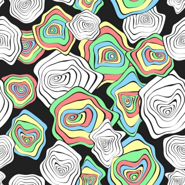 Dalgalı deforme noktalar. Mor arka plan. Bozuk daireler ile Seamless modeli. Vektör Psychedelic illüstrasyon renkli mermi. Dalga Dikişsiz desen kumaş, tekstil, kumaş tasarımı için.