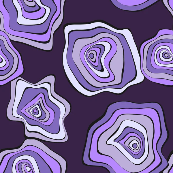 Des taches déformées ondulées. Purple Abstract Background. Modèle sans couture avec des cercles déformés. Illustration psychédélique vectorielle avec des rondes colorées. Modèle sans couture ondulé pour tissu, textile, conception de tissu . — Image vectorielle