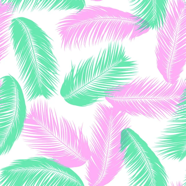 Vector Feathers. Padrão sem costura tropical com plantas exóticas da selva. Folha de coqueiro. Simples fundo de verão. Ilustração EPS 10. Penas de vetor Silhuetas ou folhas havaianas de palmeira . —  Vetores de Stock