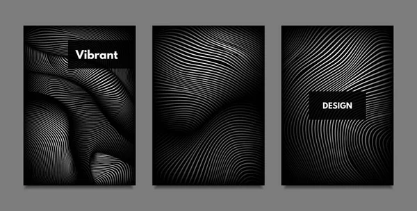 Verstoring van de lijnen. Abstracte achtergronden met levendige kleurovergang en golvende strepen. Monochroom Cover Sjablonen Set met Volume en Metallic Effect. Vervormde Shapes voor bedrijfspresentatie, Brochure. — Stockvector