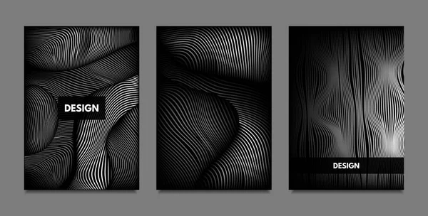 Distorsion des lignes. Fond abstrait avec dégradé vibrant et rayures ondulées. Modèles de couverture monochrome avec volume et effet métallique. Formes déformées pour la présentation d'affaires, Brochure . — Image vectorielle