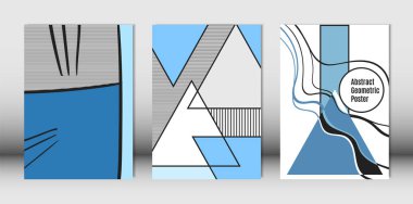 Mavi, beyaz ve siyah renklerde Bauhaus ve geometrik öğelerle şablonları ayarlamak. Posterlerini açmaları Set dalgalı çizgileri, üçgenler ve soyut vektör şekilleri. Broşür, Poster, dergi, düzen için kapaklar.