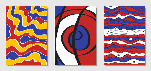 Cover Design Templates Set in Bauhaus Style. Abstract Backgrounds with Handwritten Wavy Lines and Ethnic Elements. Bright Hipster Abstraction. Vector Covers for Placard, Poster, Layout, Splash Screen.