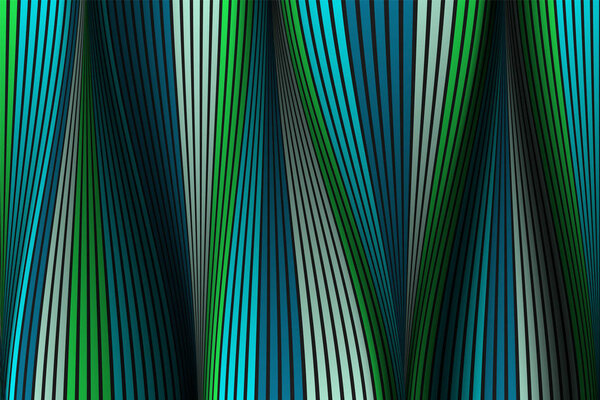 Wavy Lines with Gradient. Trendy Abstract Background with a Distorted Striped Surface. Futuristic Template with Effect of Volume and Movement. Flow. Wavy 3D Abstraction with Distorted Vector Stripes.