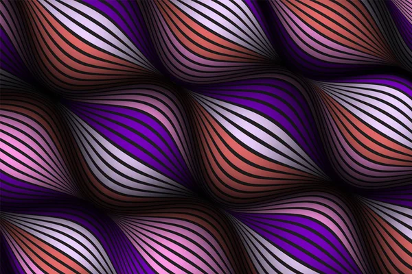 Líneas onduladas con gradiente. Fondo abstracto de moda con una superficie rayada distorsionada. Plantilla futurista con efecto de volumen y movimiento. Flujo. Abstracción 3D ondulada con rayas vectoriales distorsionadas . — Archivo Imágenes Vectoriales