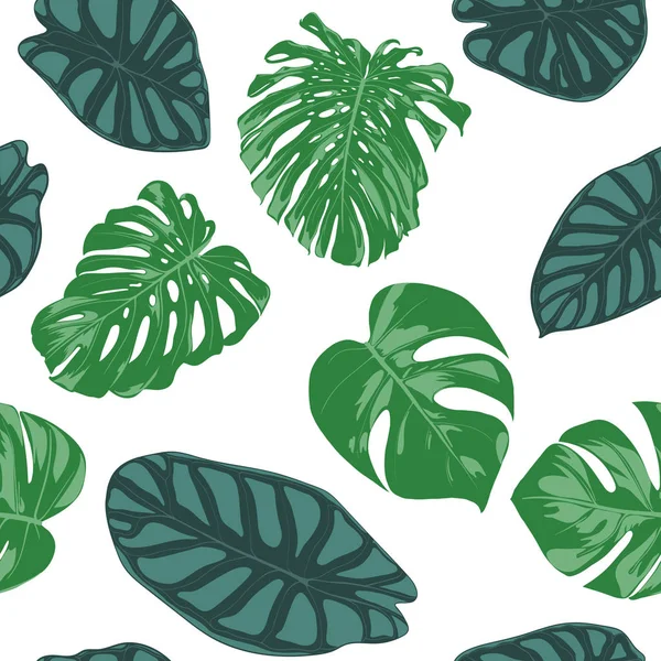 원활한 손으로 그린 식물 이국적인 패턴 Philodendron와 Alocasia 나뭇잎. 수채화 스타일에서 벡터 정글 단풍입니다. 섬유, 옷감, 직물, 종이 대 한 원활한 트로픽 잎 배경. — 스톡 벡터
