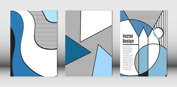 Set de plantillas con Bauhaus y elementos geométricos en colores azul, blanco y negro. Placards Set con rayas onduladas, triángulos y formas vectoriales abstractas. Fundas para folletos, póster, revista, diseño . — Archivo Imágenes Vectoriales